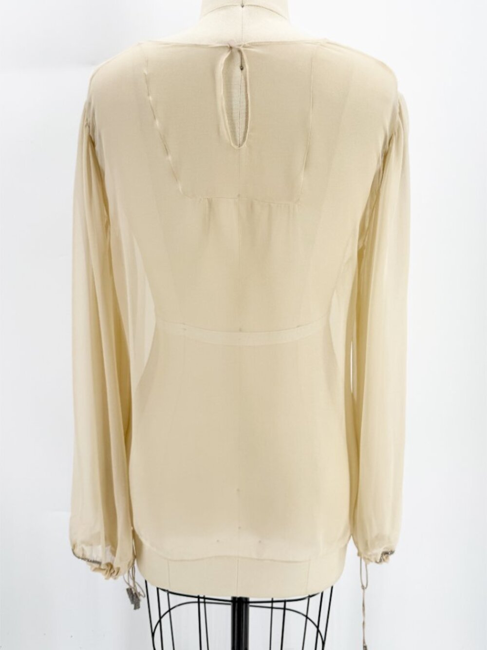 Neutral Beige Sheer LSV Rhinestone Tie Cuff Blouse M - Picture 4 of 9